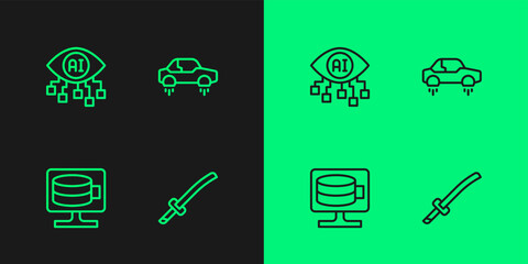 Poster - Set line Katana, Cloud database, Computer vision and Fantastic flying car icon. Vector