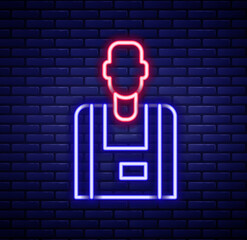 Poster - Glowing neon line Seller icon isolated on brick wall background. Colorful outline concept. Vector