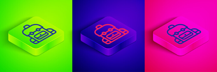 Canvas Print - Isometric line School backpack icon isolated on green, blue and pink background. Square button. Vector