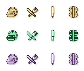 Wall Mural - Set line Knife, Round the clock delivery, Crossed knife and fork and Lunch box icon. Vector