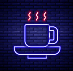 Wall Mural - Glowing neon line Coffee cup icon isolated on brick wall background. Tea cup. Hot drink coffee. Colorful outline concept. Vector