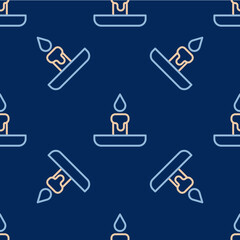 Poster - Line Burning candle in candlestick icon isolated seamless pattern on blue background. Cylindrical candle stick with burning flame. Vector