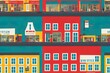 © AkuAku - Urban landscape or view of European city street with stores, shops, sidewalk cafe, restaurant, bakery, coffee house. Seamless banner with building facades. Flat illustration in cute style.
