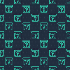 Wall Mural - Green line Mystery box or random loot box for games icon isolated seamless pattern on blue background. Question mark. Unknown surprise box. Vector