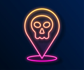 Poster - Glowing neon line Skull icon isolated on black background. Happy Halloween party. Vector