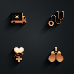 Canvas Print - Set Ambulance car, Stethoscope, Ethnoscience and Lungs icon with long shadow. Vector