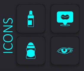 Poster - Set Woman eye, Essential oil bottle, Smiling lips and Deodorant roll icon. Black square button. Vector