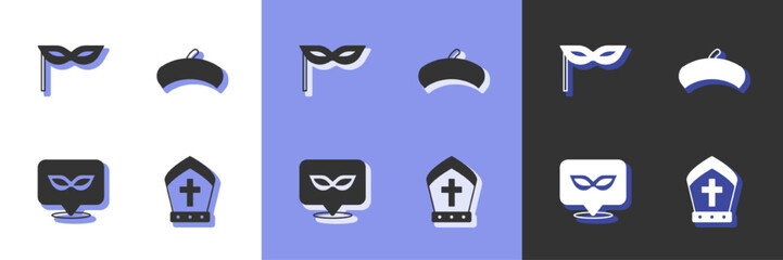 Sticker - Set Pope hat, Carnival mask, and French beret icon. Vector