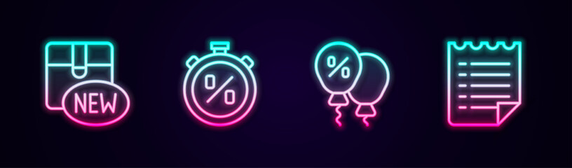 Set line New collection, Stopwatch percent discount, Discount tag and Wish list template. Glowing neon icon. Vector