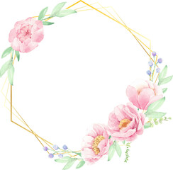 Wall Mural - watercolor pink peony flower bouquet arrangement wreath with golden frame for logo or banner