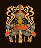 Fototapeta Psy - Frog sits on fly agaric, psychedelic print on a T -shirt