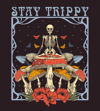Psychedelic Illustration, The Skeleton Sits On Fly Agaric, Print On A T -shirt. Stay Trippy