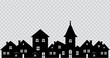 City with church and town hall, black silhouette on checkered background, window decoration, vector illustration, transparency, cut out