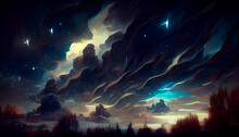 Abstract Picture Of A Starry Sky Over A Dark Forest. In The Gaps Between The Clouds Breaks The Light Of Dawn.