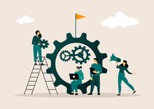 Business And Teamwork Concept Of Vector Illustration, Little People Links Of Mechanism, Business Mechanism, People Are Engaged In Business Promotion, Strategy Analysis.