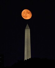 Vertical Shot Of An Orange Color Moon Above The Washington Monument At Washington DC