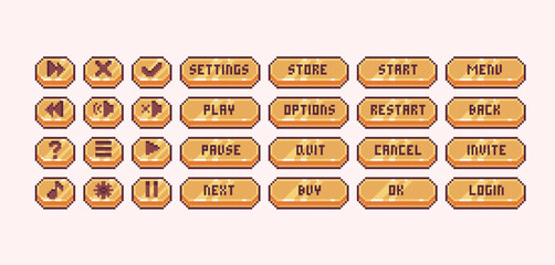 Golden shining buttons pixel art set. Yellow bright bar collection. Rich and luxury panel 8 bit sprite. Game development, mobile app.  Isolated vector illustration.