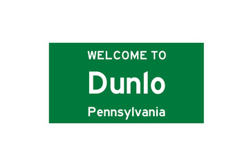 Dunlo, Pennsylvania, USA. City limit sign on transparent background. 