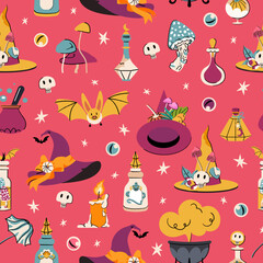 Halloween vector seamless pattern with pumpkin, witch hat, candle, bat, cauldron and other. Magic illustration for print, wrapping paper, fabric, wallpaper, cover