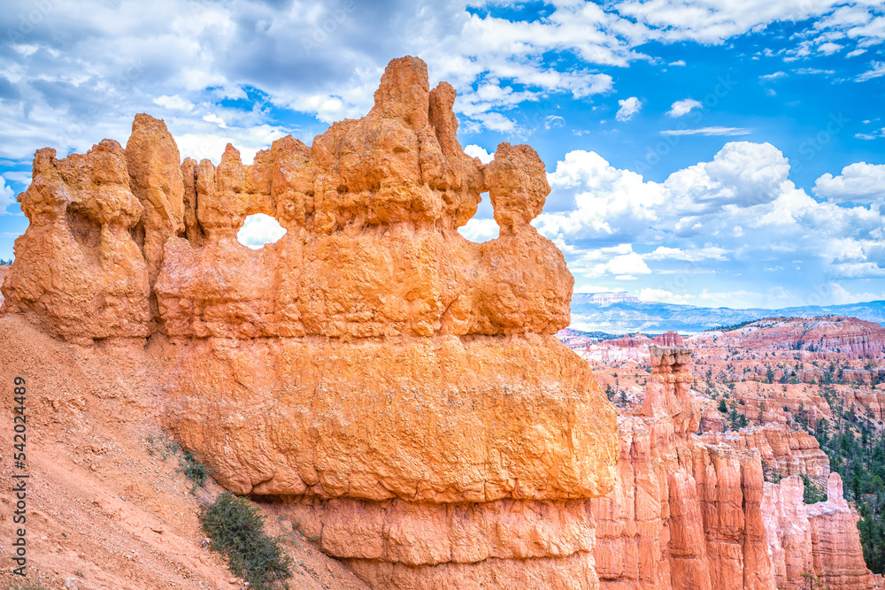 High angle above aerial view of orange sandstone hoodoos rock