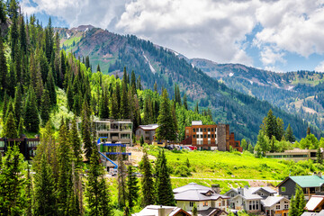 alta at albion basin, utah cityscape small ski resort town village in summer near little cottonwood 