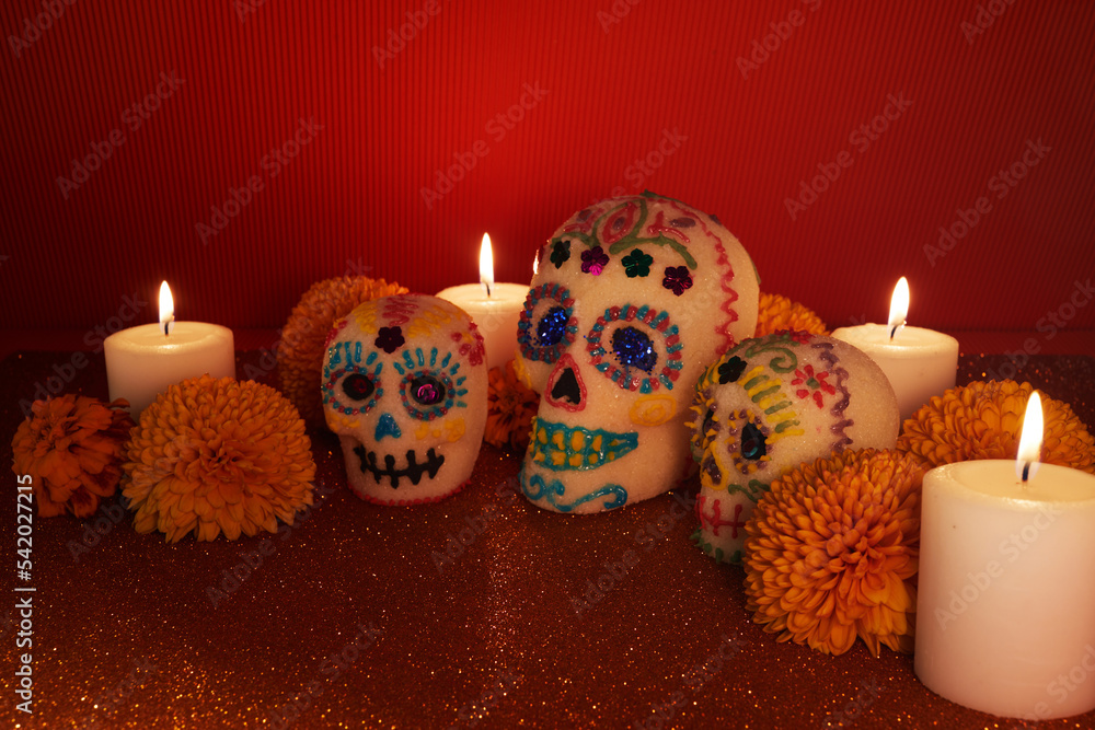 Dia de los muertos - Day of the dead Sugar skull with candles, and ...