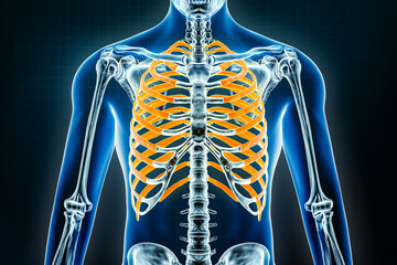 Wall Mural - ribs x-ray. osteology of the human skeleton, thorax bones and rib or thoracic cage 3d rendering illu