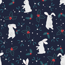 Christmas Seamless Pattern With White Rabbits And Holly On A Dark Background For Wrapping Paper, Postcards, Holiday Background. Holly With Mistletoe On A Dark Background.