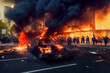 Car burning in a protest, illustration of a city riot