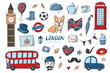 Set of London and Great Britain themed doodles, cartoon clipart. Good for planners, icons, stickers, scrapbooking, stationary, etc. EPS 10