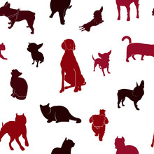Animal Seamless Pattern. Cats And Dogs In Different Positions. French Bulldog, Pitbull, American Staffordshire Terrier, Chihuahua, Weimaraner And Maltese. Prints, Packaging Design, Textiles.