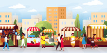 Traditional Vegetable Market. Sellers Booth. Agriculture Food Fair Trade. Grocery Kiosks. City Marketplace. People Walking And Shopping In Bazaar Stalls. Vector Illustration Background
