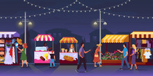 Night Market. Festival Food Stall. Outdoor Shops. Local Fair Street. Marketplace Flyer. Summer City Evening Panorama. People Walking And Shopping In Kiosks. Vector Cartoon Illustration
