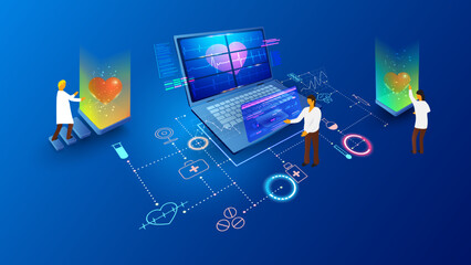 Aufkleber - Digital medical technology. Computer application for health diagnostic and education. Pharmaceutical business. Mobile devices and laptop connection software. Vector infographic concept