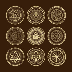 Pentagram symbols set, magic egypt logo collection. Gold illuminati circles different ornaments, geometry esoteric pyramids, ritual alchemy signs. Vector icon isolated on dark background