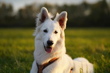 Wall Mural - Closeup shot of a White Swiss Shepherd Dog in a field during the day