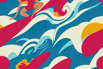 Canvas Print - Retro Surfing seamless pattern in 2d illustrated. Surf girls character in swimsuit with a shortboard and Longboard seamless pattern. Summer design for fabric, wallpaper, packaging paper, backgrounds