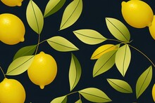Lemon Tree Branch With Lemons, Flowers And Leaves. Seamless Pattern, Background. Outline Hand Drawing 2d Illustrated Illustration In Black, White Colors.