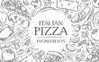© setory - Food ingredients for Italian pizza design template vector illustration. Outline hand drawn icons with products menu to cook dish in cuisine of Italy, top view frame of vegetables, sausages and cheese