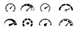 Speed signs. Speedometer black icons set. Speed indicators with arrows. Fast speed. Internet speed, gauge, dashboard, indicator, tachometer, scale. Credit score indicator. Risk levels meter icon