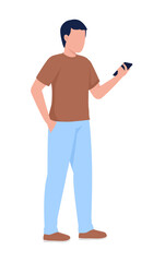 Wall Mural - Man holding mobile phone semi flat color vector character. Editable figure. Full body person on white. Online chatting simple cartoon style illustration for web graphic design and animation