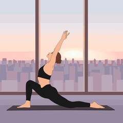 Wall Mural - Low Lunge (monkey lunge) / Anjaneyasana. Flexible Woman doing deep stretch yoga asana pose exercise workout at home studio on sunrise in manhattan illustration, morning workout, mindfulness, person