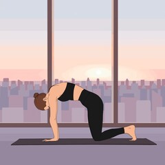 Wall Mural - Marjariasana / The Cat Cow Pose 1. The beautiful woman practicing yoga at home studio on new york sunrise, morning workout, exercises for back, mindfulness meditation, yoga posture, self-love, balance