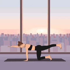 Wall Mural - Sunbird Pose / Chakravakasana. Stretching flexible woman practicing doing yoga asana on big sity sunrise background. The cartoon illustration poster, home workout, morning training