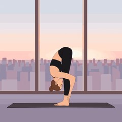 Wall Mural - Standing Forward Fold (Bend) / Uttanasana. Flexible standing woman doing stretching exercise at home morning sunrise. Yoga pose asana illustration of person, morning workout pilates