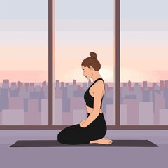 Wall Mural - Vajrasana / Adamant Pose. Meditating person at home morning on big city sunrise. Basic yoga asana, mental health, mindfulness meditation illustration, morning routine, self-love, work life balance