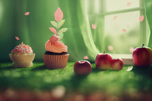Pink Cupcakes And Apples On A Green Ground And Green Curtain In The Background