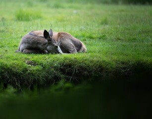 cute deer lying on the green grass and resting
