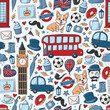 Great Britain and London seamless pattern with hand drawn doodles, elements on white background. Good for digital paper, scrapbooking, textile prints, wallpaper, packaging, etc. EPS 10