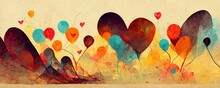 Abstract Colorful Background With Irregular Symbols And Forms And Hearts In Pastel Colors